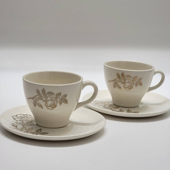 SCIO Ceramic Tea Cup Coffee Cup and Saucer Set of 2 White w Golden Rose Design - Picture 2 of 8